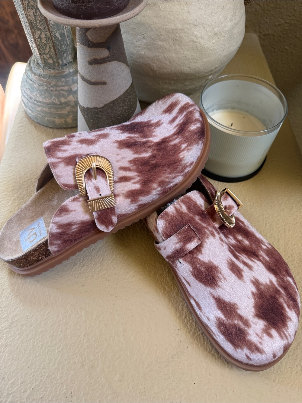 Strom Brown and Cream Cowprint Slide Mules with Gold Buckle